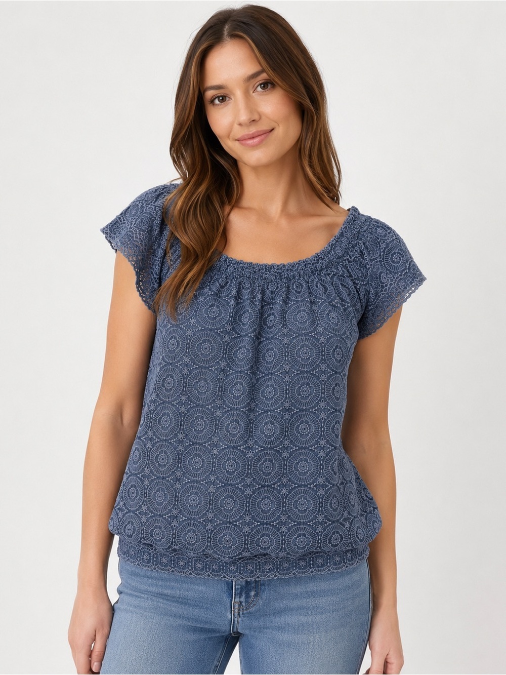 Crown & Ivy Blue Embroidered Eyelet Lyocell Blouse Petite Medium